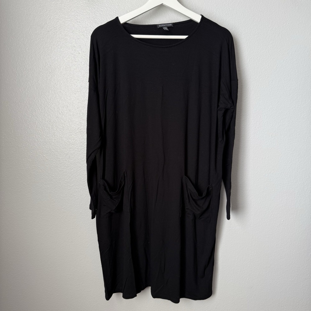 EILEEN FISHER Dress Medium Black Long Sleeves Pockets Stretch Women Pull Over